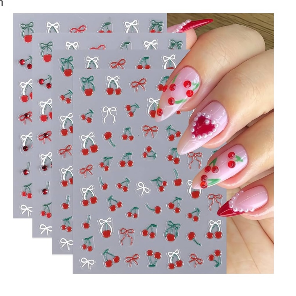 4Sheets 5D Embossed Cherry Nail Stickers Red Cherry Bows Nail Self Adhesive